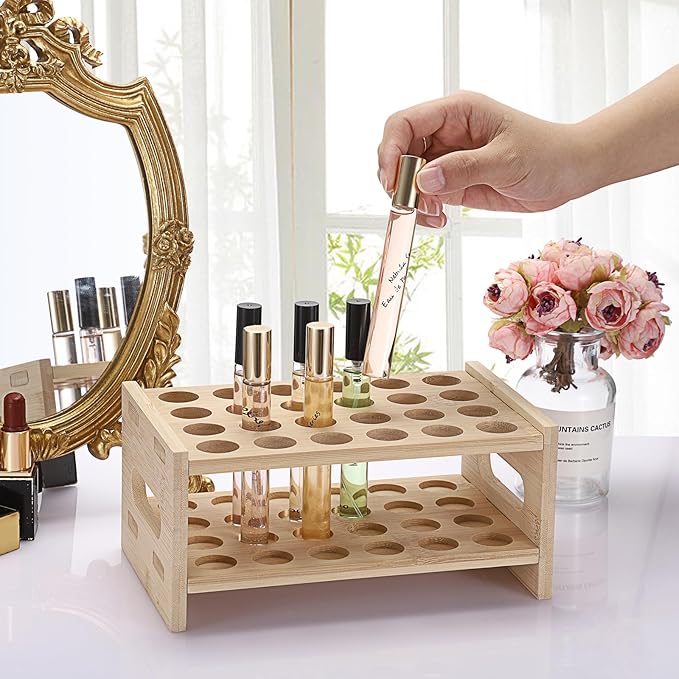 ELLDOO Rollerball Perfume Organizer, 24 Spaces Bamboo Perfume Storage Holder Beauty Scent Holder with Handle, Makeup Lipgloss Lipstick Display Case-NeatNest