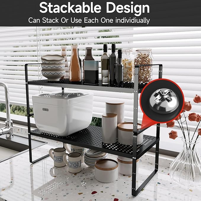 2Pack Expandable Cabinet Countertop Shelves 16.5-27’’L, Adjustable Metal Spice Rack Organizer, Stackable Kitchen Counter Storage Shelves Organizers for Cabinet Organization, Black-NeatNest