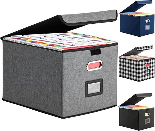 File Organizer Box, Linen Filing Organizer with Lid, Large Desktop File Boxes,Dark Grey