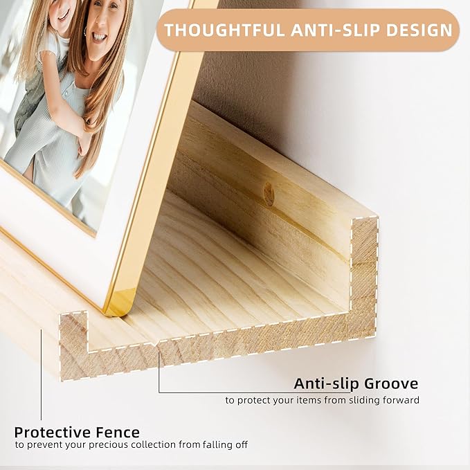 Floating Shelves for Wall, 16 inch Solid Wood Picture Ledge Shelf, Picture Shelf for Wall with Ledge, Floating Book Shelves for living room Bedroom Kitchen Nursery Decor, Natural Unfinished, Set of 2-NeatNest