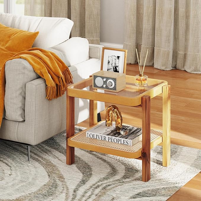 GOFLAME Rattan End Table, Boho Nightstand with Tempered Glass Top, Rattan Storage Shelf, Solid Wood Legs, Sofa Side Accent Table, 2 Tier Glass Side Table for Living Room, Bedroom, Natural