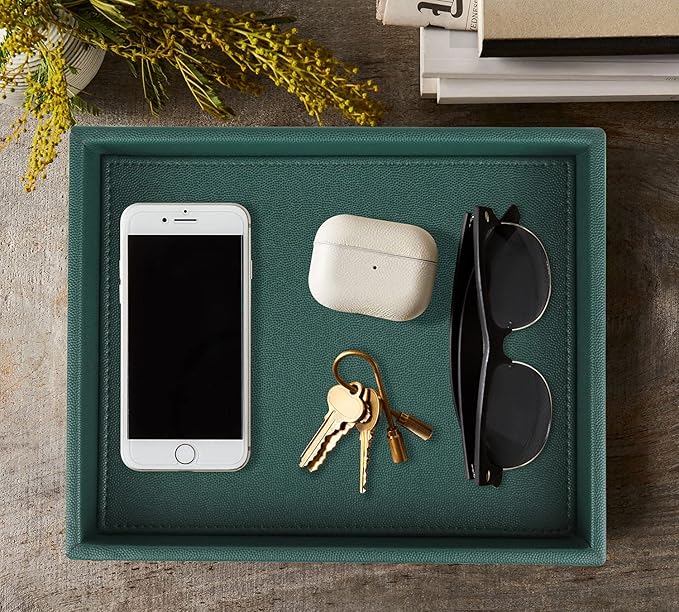 HofferRuffer Faux Leather Decorative Tray, Elegant Desktop Storage Organizer, Decorative Catchall Perfume Tray, Nightstand or Dresser Vanity Tray Organizer, 10.2 x 8.4 x 1.8 inches (Dark Green)-NeatNest
