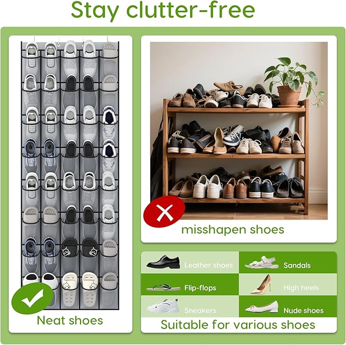 Unjumbly Over the Door Shoe Organizer with 40 Large Breathable Mesh Pockets, Space Saving Shoe Holder, Hanging Shoe Rack for Entryway Bedroom Closet Storage (Grey, 40 Pockets)-NeatNest