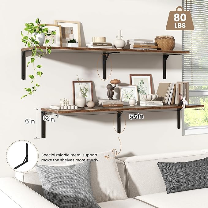 Floating Shelves for Wall, 12 Inch Deep Floating Shelves Set of 2, Wall Mounted Shelf with Metal Brackets, Rustic Wood Wall Shelf for Bathroom, Kitchen and Living Room, Rustic Brown, 55W x 12D-NeatNest