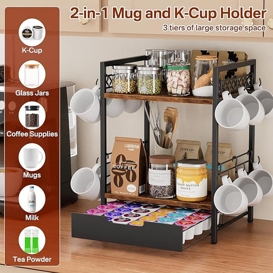 Coffee Bar Organizer Countertop, 2 Tier Mug Cup Holder Stand with 12 Hooks, 30 K Cup Coffee Pod Drawer with Mug Rack, Multifunctional Shelf Organizer for Accessories Station Kitchen (Brown)-NeatNest