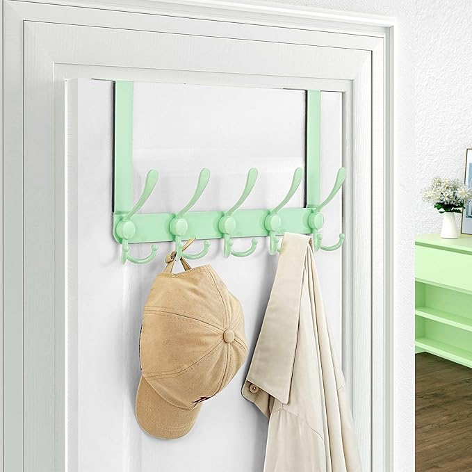 Dseap Over The Door Hook Hanger - 5 Tri Hooks, Heavy Duty Over The Door Towel Rack Coat Rack for Clothes Hat Towel, Green, 2 Packs
