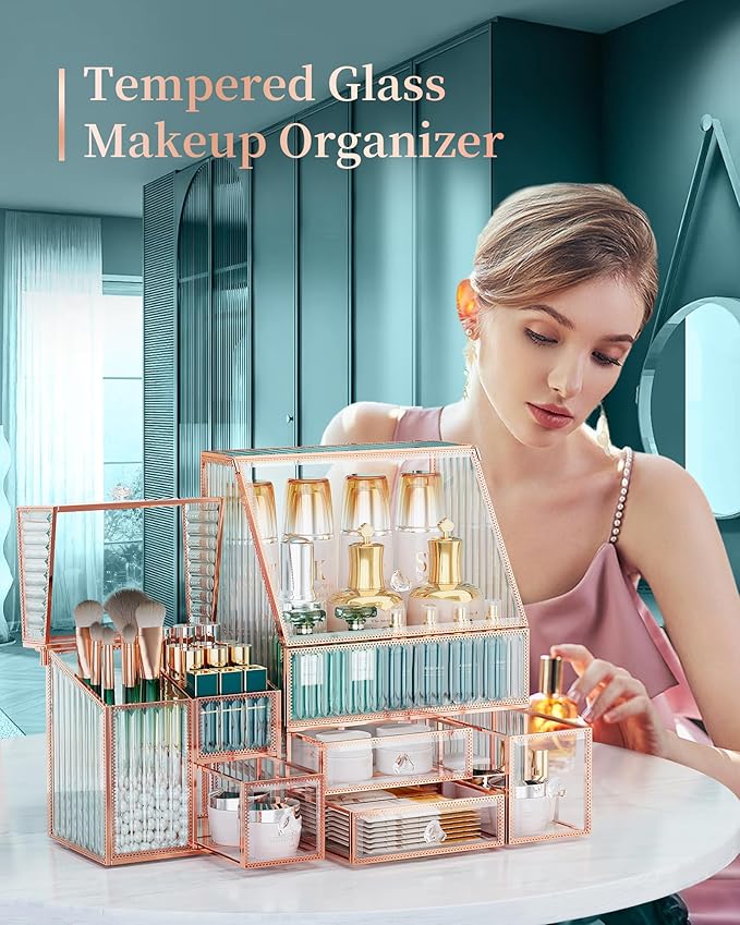 Glass Makeup Organizer - Multi-Functional 3-in-1 Cosmetic Organizer for Skincare, Lipstick, Brushes - Vanity Organizer & Bathroom Organizer