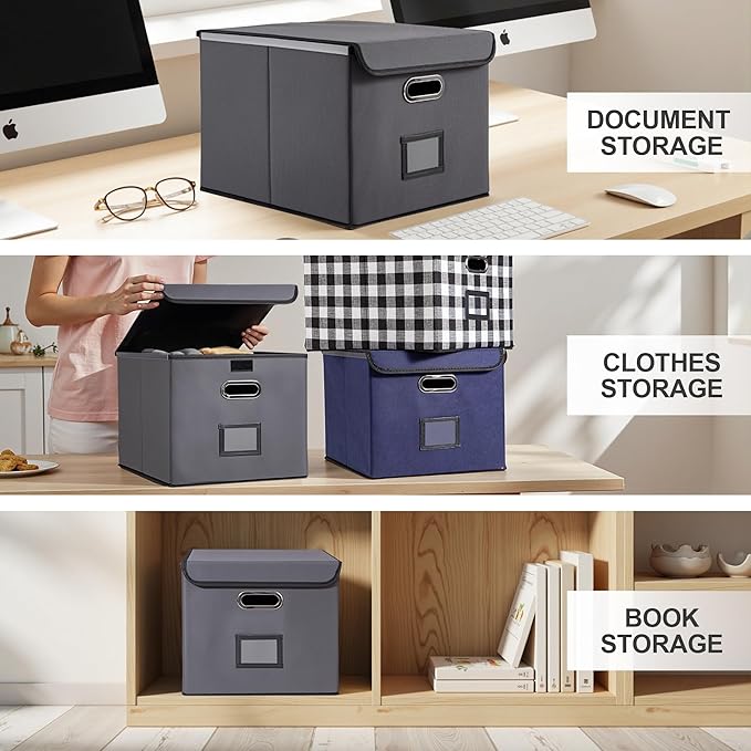 File Organizer Box, Linen Filing Organizer with Lid, Large Desktop File Boxes,Dark Grey,2 Pack