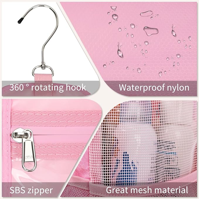 Pink Hanging Mesh Shower Caddy Portable for College Dorm Room Essentials, Large Capacity Shower Bag for Guys/Girls, for Beach, Swimming, Gym