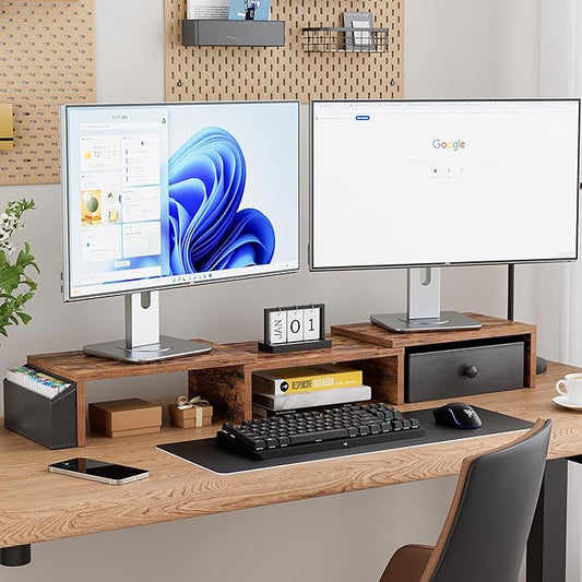 Dual Monitor Stand Riser, Adjustable Length & Swivel Angle Monitor Stand, Ergonomic Monitor Stand with Drawer & Side Pockets, Desktop Organizer and Office Desk Accessories, Rustic Brown