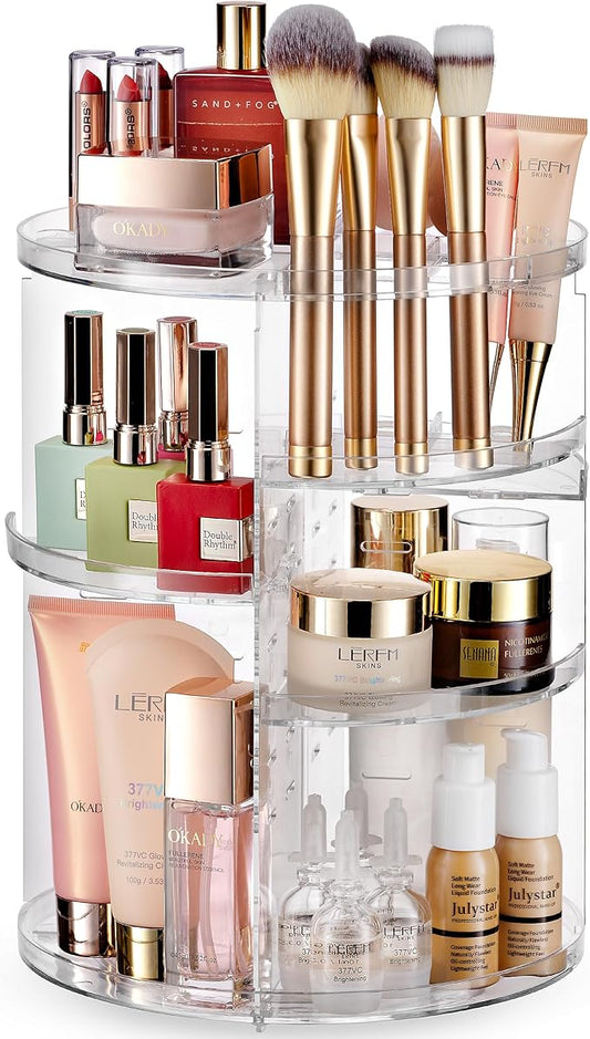 Masirs 360 Rotating Makeup Organizer - Adjustable Shelf Height and Fully Rotatable - The Perfect Round Spinning Cosmetic Organizer for Bedroom Dresser or Vanity Countertop Storage (Clear)-NeatNest