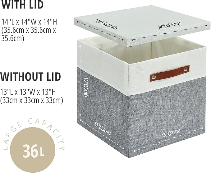 DECOMOMO Storage Basket with Lid, Storage Cubes with Handles, Fabric Box with Lid (Grey and White, 13” / 3 Pack)-NeatNest