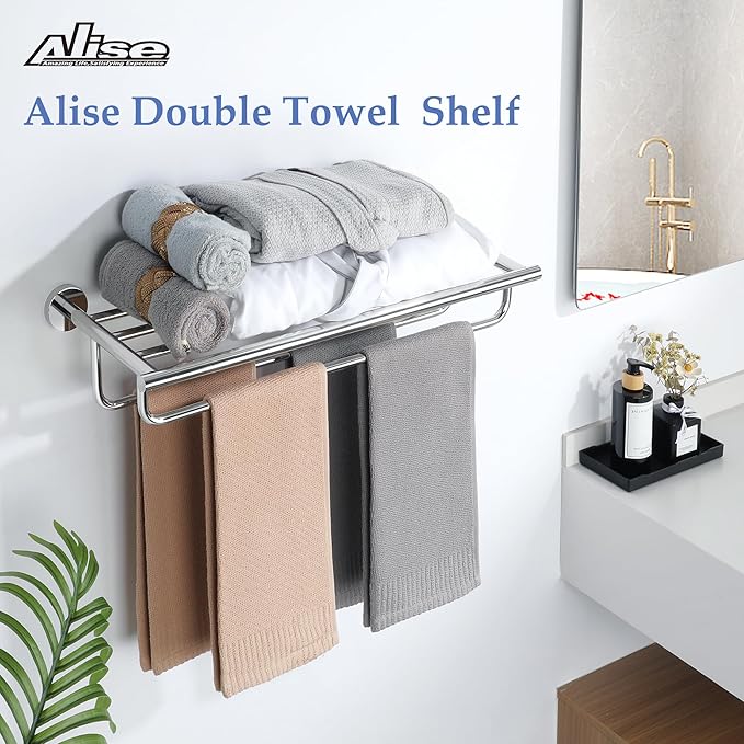 Alise 24-Inch Bathroom Lavatory Towel Rack Towel Shelf with 2 Towel Bars Wall Mount Towel Holder,GYT7060-C SUS 304 Stainless Steel Polished Chrome