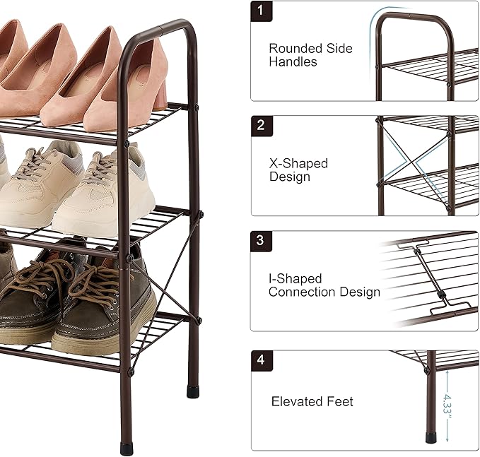 Hoctieon 3 Tier Mesh Style Shoe Rack, Entryway Shoe Shelf, Shoe Storage Organizer, Shoe Rack for Closet, Space Save for Bathroom, Garage, Hallway, Bedroom, Living Room, Brown-NeatNest