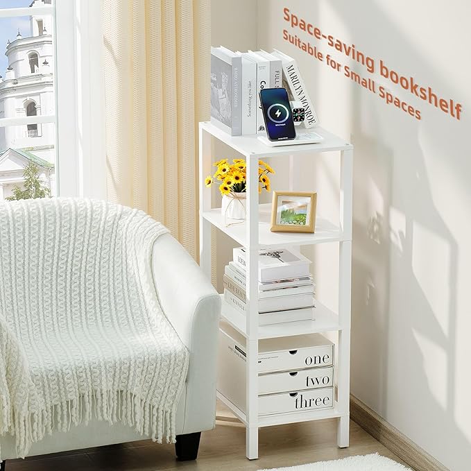 4 Tier Tall Wooden Bookshelf with Storage - Small White Bookcase for Small Spaces, Shelf for Living Room, Office, Bedroom, Kitchen - Industrial Modern Book Shelf