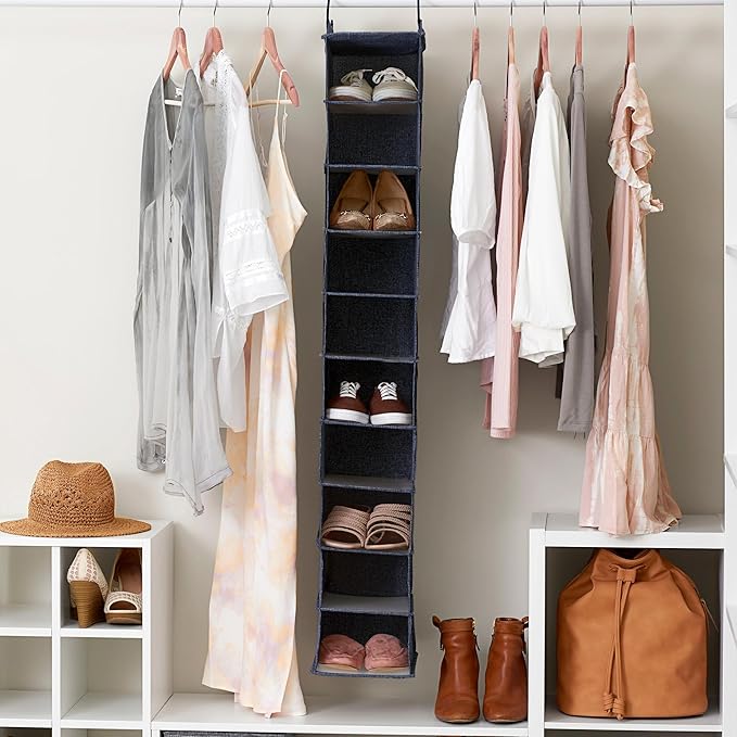 Household Essentials Hanging Narrow Cotton Blend and Plastic Closet Organizer with 10 Storage Shelves, Denim-NeatNest