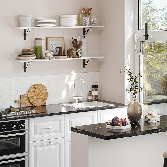 DINZI LVJ Long Wall Shelves, 47.3 Inch Large Floating Shelves Set of 2, Wide Display Shelf Wall Mounted with Brackets, Easy Hanging for Living Room, Toilet, Office, Bedroom, White-NeatNest