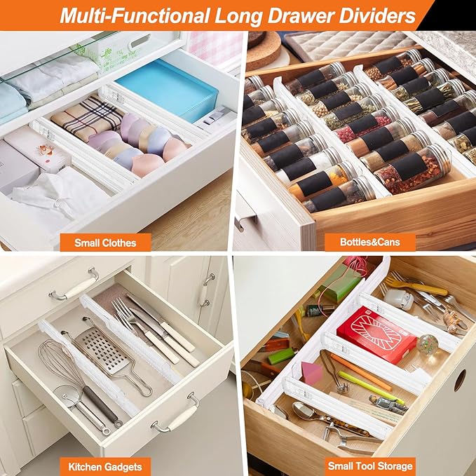 4 Pack Drawer Dividers for Clothes, 2.3" High 13"-21" Adjustable Drawer Dividers Expandable Dresser Drawer Organizer, Clear Drawer Separators for Clothes, Underwear, Cosmetic, Kitchen Utensils Storage-NeatNest