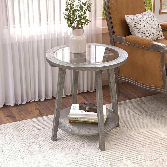 COSIEST 2-Tier End Table with Tempered Glass Top, Round MDF Side Table with Storage Shelf, Modern Wood Accent Table for Bedroom Living Room Home Office, Antique Silver-NeatNest