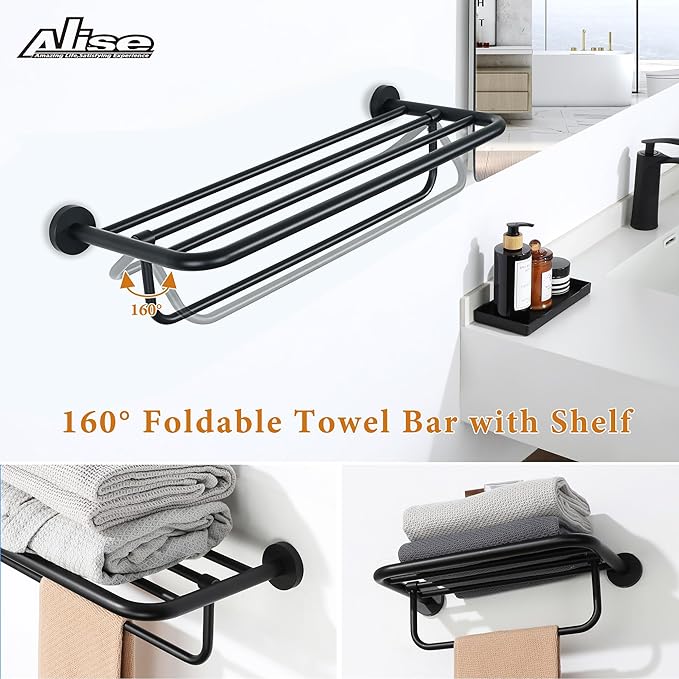 Alise 24 Inch Towel Racks for Bathroom, Foldable Towel Hanger Towel Shelf with Tower Bar, Heavy Duty Towel Holder, SUS 304 Stainless Steel Wall Mount Towel Rail, Matte Black