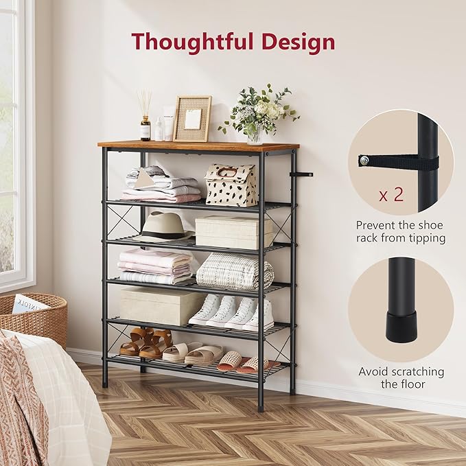 Tajsoon 6 Tier Free Standing Shoe Rack for 20-24 Pairs, X Shape Fixed Frame Metal Mesh Shoe Rack for Closet, Rustic Brown & Black-NeatNest