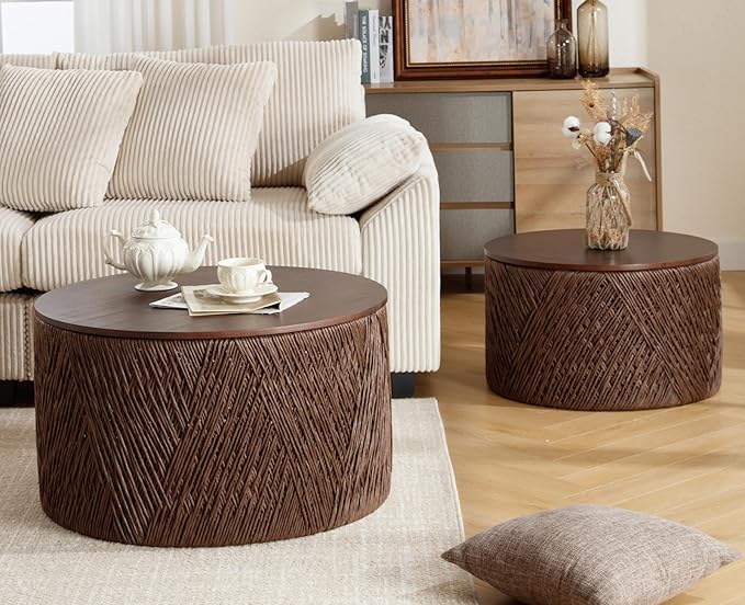chairus Nesting Coffee Table Set of 2 Woven Round Coffee Table with Storage Solid Wood Side Table for Small Spaces, Living Room, Bedroom, Office, Dark Brown-NeatNest