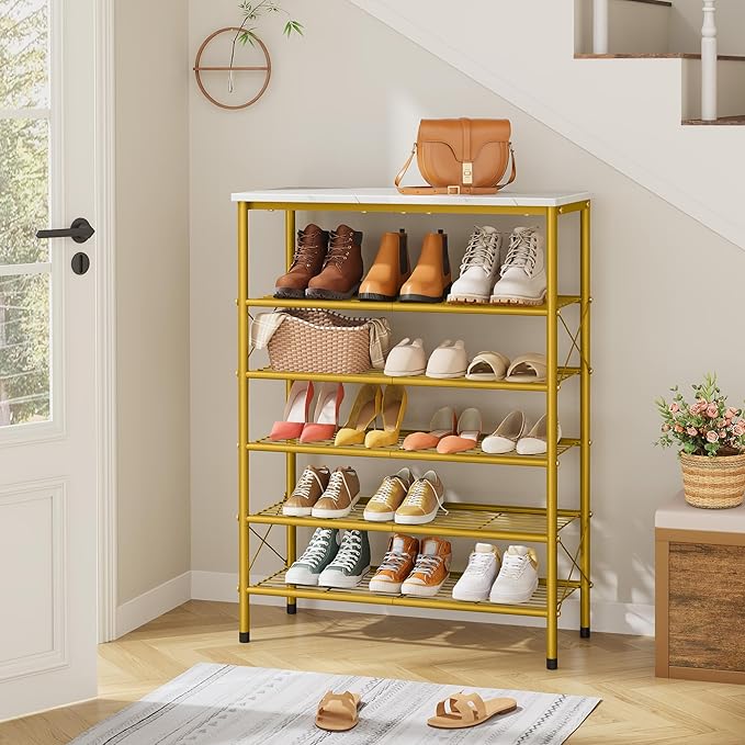 Tajsoon 6 Tier Shoe Rack Organizer for 20-24 Pairs of Shoes, Metal Mesh Shoe Shelf for Closet, Industrial Shoe Rack for Entryway Shoe Storage with X Shape Fixed Frame, White & Gold-NeatNest