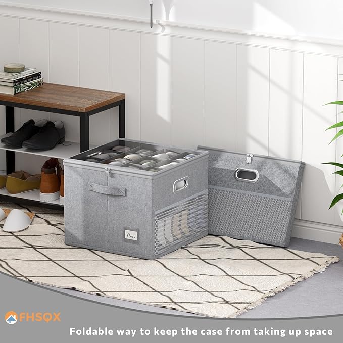 2 Pack Shoe Organizer for Closet Large Shoe Box Storage Containers with Clear Window Space Saving Shoe Bin with Foldable Bottom Support Adjustable Dividers Fits 32 Pairs (Grey, (16.5*16.5*13in)*2)-NeatNest