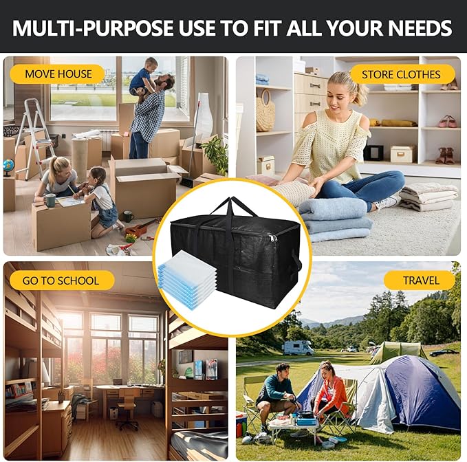 Extra Large Storage Bags Set Heavy Duty Moving Totes with Handles & Clear Tag Pocket, Waterproof Dual-Way Carrying Design College Moving Supplie, (Black, 14 Park-4 Moving bag & 10 Vacuum Seal Bags)