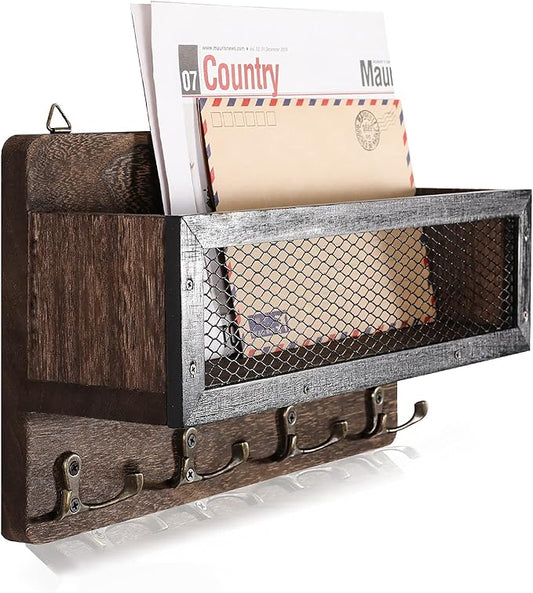 ADIIL Mail and Key Holder for Wall Decorative, Wooden Wall Mount Key Rack Hanger Organizer with 4 Double Key Hooks, Rustic Home Decor for Entryway Hallway, Brown