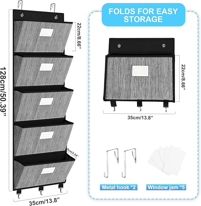 homyfort Over the Door File Organizer, Hanging File Folders Wall Organizer with 5 Large Pocket for Papers, Charts, Mails, Magazine, Office (Black)-NeatNest
