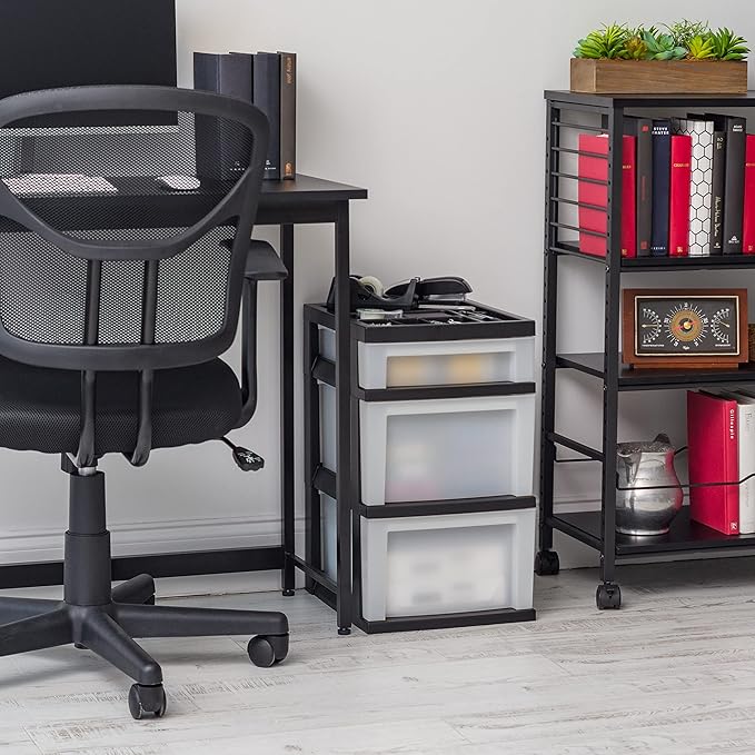 IRIS USA Plastic Drawer Storage Organizer Rolling Cart, 3-Drawers, for Classroom Art Craft Supplies Dresser Closet Bathroom Laundry Room, Black/Pearl