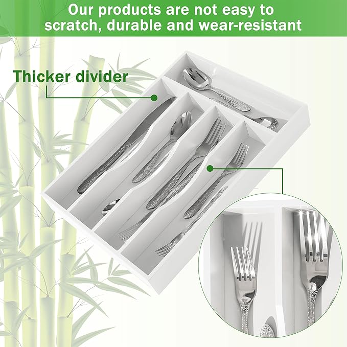 Greenual White Silverware Organizer 10 In Utensil Organizer Silverware Tray for Drawer Cutlery Flatware Organizer for Kitchen Bamboo Wood-NeatNest