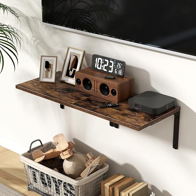 Fun Memories Rustic Brown 12 Inch Deep Floating Shelves Set of 2, Wall Mounted Shelf with Metal Brackets, Rustic Wood Wall Shelf for Bathroom, Kitchen and Living Room-NeatNest