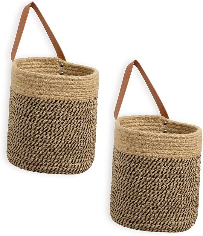 DULLEMELO Wall Hanging Storage Baskets 2 Pack 7"(D) x 8"(H), Small Woven Hanging Baskets With Sturdy Leather, Wall Door Hanging Organizer for Plants,Key,Sunglasses,Wallet (Jute&Black)-NeatNest