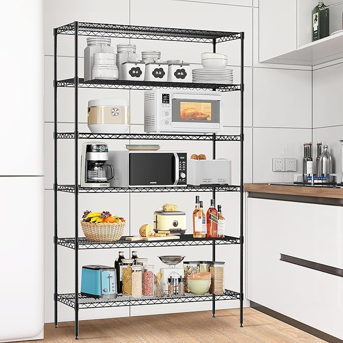 6-Tier Wire Shelf 72" x 16" x 42" Metal Storage Shelves - Whole Rack Can Hold 1500 Pounds - Adjustable Storage Racks NSF Wire Shelving Units for Basement Garage Kitchen, Black