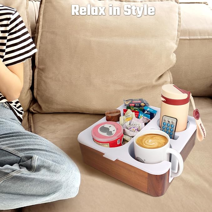 Couch Cup Holder Tray, Real Acacia Wooden Caddy with Soft Silicone, Snack and Drink Organizer- Perfect Movie Night Accessories for Bed, Remote and Cup Holders for Sofa (White)-NeatNest