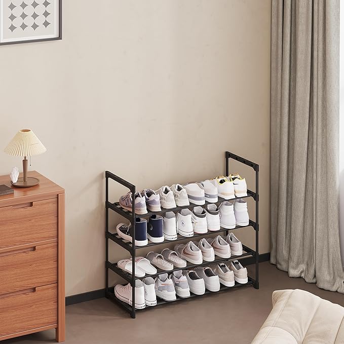 Calmootey 4-Tier Shoe Rack, Tall Large Capacity 20 Pairs Shoes Storage Organizer, Stackable Wide Shoe Shelf for Entryway, Hallway, Black-NeatNest