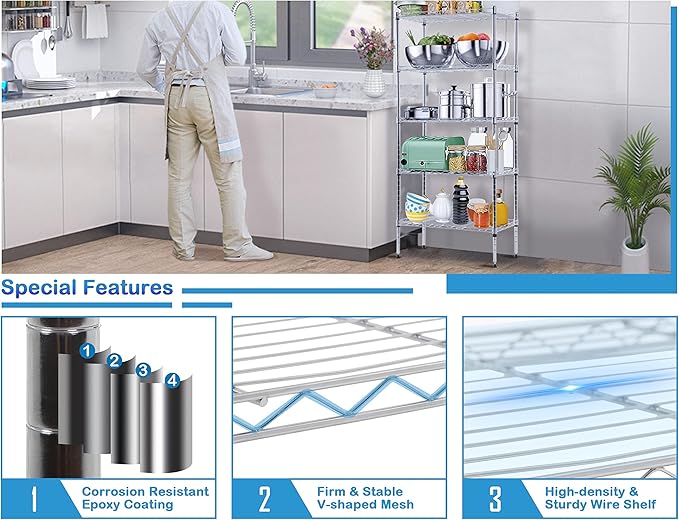 5-Tier Metal Wire Shelving Unit Snack Shelf Height Adjustable Storage Rack NSF Certified Storage Shelves 750 Lbs Capacity Standing Utility Shelf for Laundry Kitchen Pantry Garage Organization