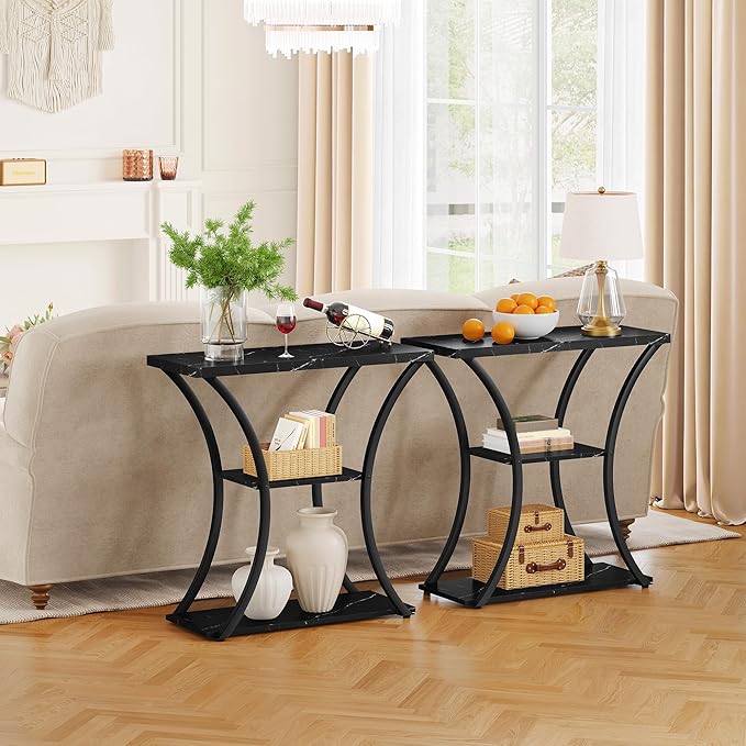 Hoctieon 3 Tier Console Table with Open Wood Shelves, Decorative Entryway Table with Curved Metal Frames, Narrow Sofa Table for Entrance, Living Room, Hallway, Black Marbled-NeatNest