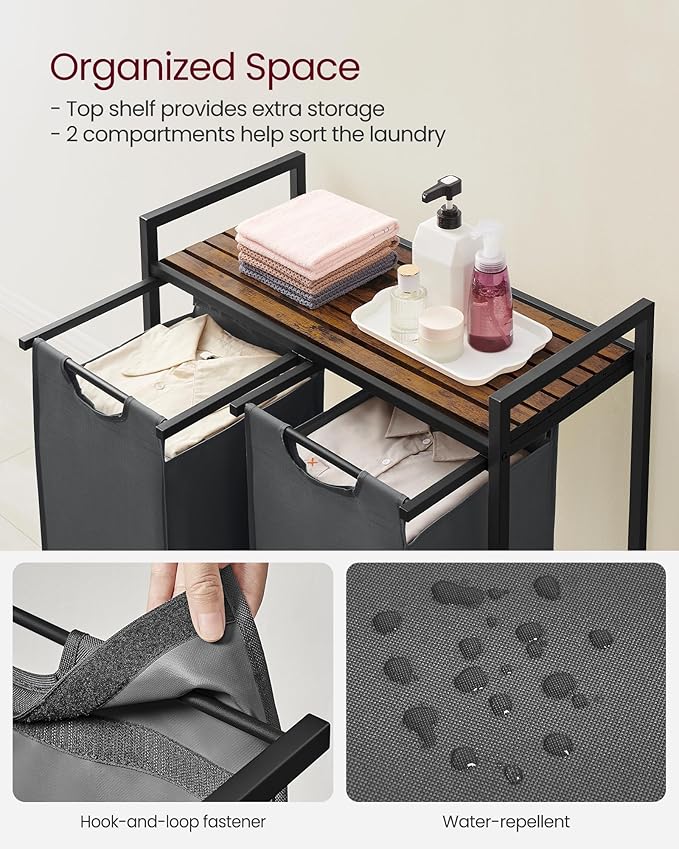 VASAGLE Laundry Hamper, Laundry Basket, Laundry Sorter with 2 Pull-Out and Removable Bags, Shelf, Metal Frame, 2 x 12.1 Gallons (46 L), 28.8 x 13 x 28.4 Inches, Slate Gray and Rustic Brown UBLH201G01-NeatNest