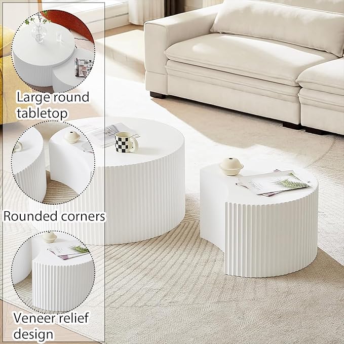 Round Wood Coffee Table Set of 2 Modern Circle Nesting Coffee Table Handcrafted Drum Nesting Table Nesting Coffee Tables for Living Room for Small Space (Cream (D27.56+D19.69 inch))