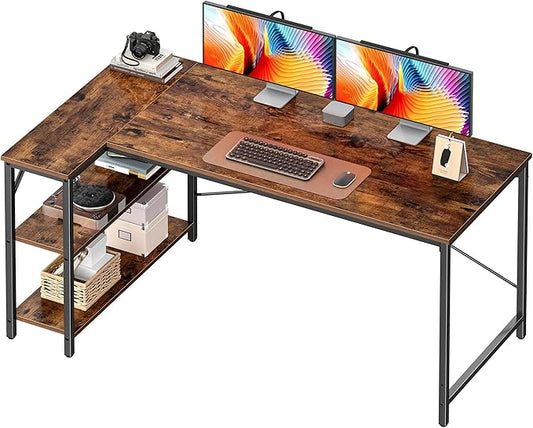 Huuger L Shaped Desk, 55 Inches Computer Desk with Reversible Storage Shelves, for Gaming Corner Home Office Writing Study, Metal Frame, Rustic Brown-NeatNest