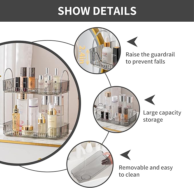2 Tier Bathroom Organizer Countertop Makeup Perfume Tray Skincare Organizer for Bathroom Dresser Vanity (Grey)-NeatNest