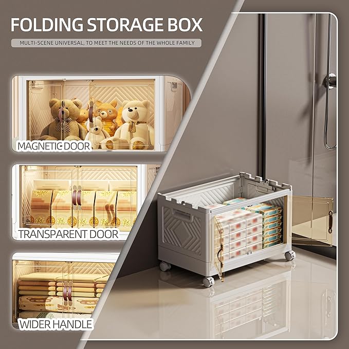 68 QT / 17 Gal White Storage Bins with 1 Lid - Collapsible Stackable Cabinet Organizer w/Wheels & Magnetic Doors, Plastic Storage Box for Office Closet Organization-NeatNest