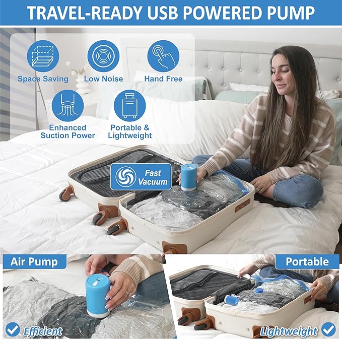 Cozy Essential Travel Vacuum Bags with Electric Pump, 10 Pack Vacuum Travel Bags for Luggage and Suitcase, Vacuum Seal Space Saver Compression for Clothes Clothing-NeatNest