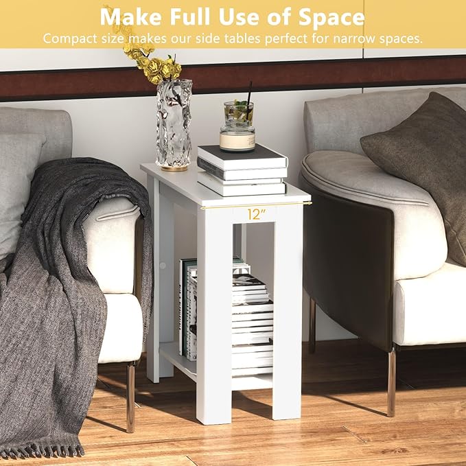 GOFLAME 24” Side Table Set of 2, 2-Tier Rectangular End Table with Storage Shelf, Multipurpose Night Stand for Bedroom, Living Room, White