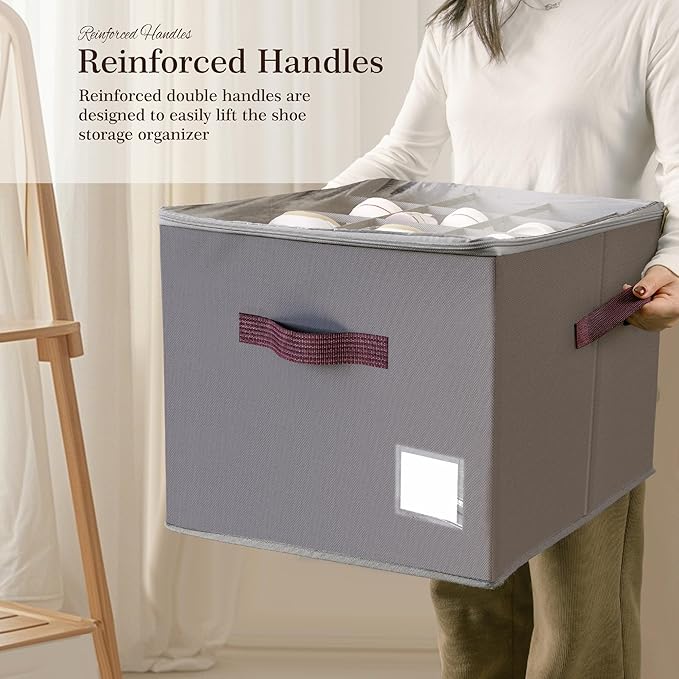 Criusia Shoe Organizer for Closet, 3 Pack Shoe Organizer with Transparent Cover and Sturdy Handles, Closet Shoe Storage for Sneakers Sandals Slippers, Fit 12-16 Pairs, Gray-NeatNest