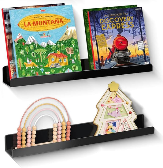 2 Pack Magnetic Book Shelf - Acrylic Reusable Display Panel for Whiteboards, Classrooms & Home, Adhesive-Free Storage with 11lb Capacity (Black)