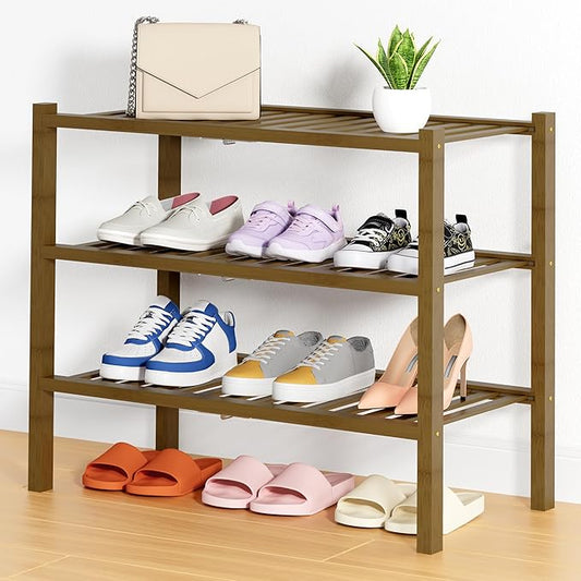 Smiry Shoe Rack, 3 Tier Thick Bamboo Shoe Organizer, Stackable Free Standing Wooden Shoe Storage Shelf for Closet, Entryway, Front Door Entrance, Walnut-NeatNest